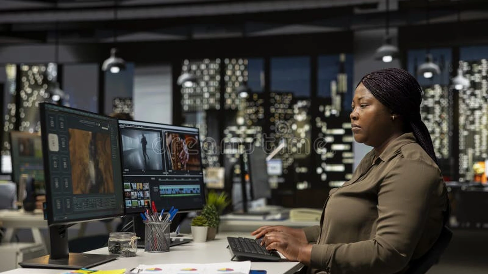 Editor de video profesional realizando color grading cinematográfico en suite de edición